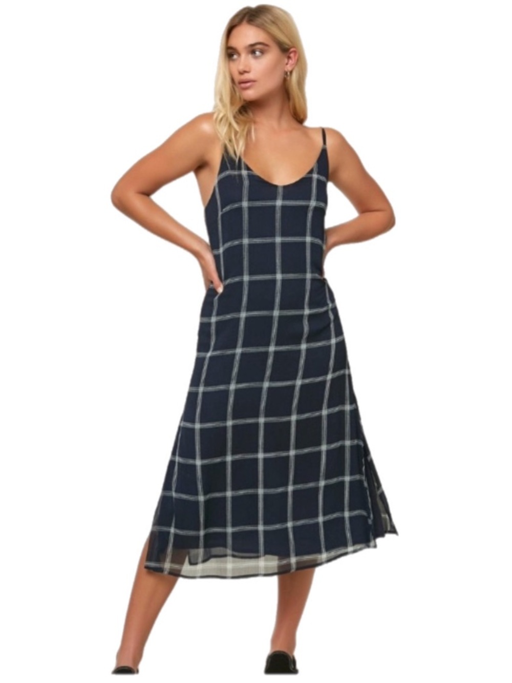 O'NEILL Window Pane Spaghetti Strap Double Layered Sheer, Lined Midi Dress. NWT